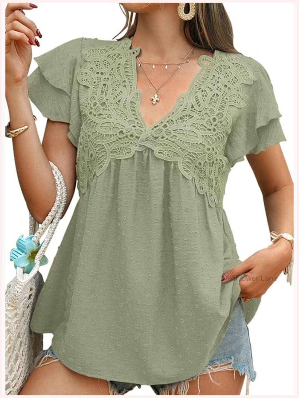 Boho Puff Short Sleeve V Neck Babydoll Blouse Swiss Dot Flowy Top
